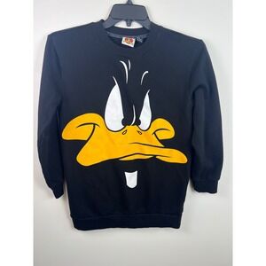 Y2K Looney Tunes Daffy Duck Face Graphic Sweatshirt Black Youth Small